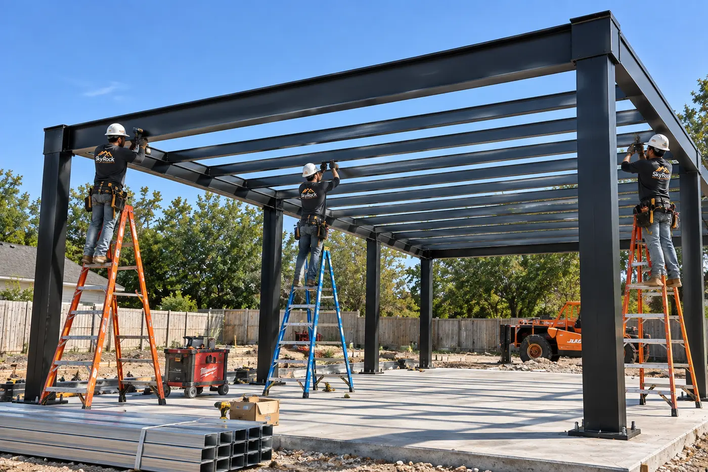 Steel carport frame under construction