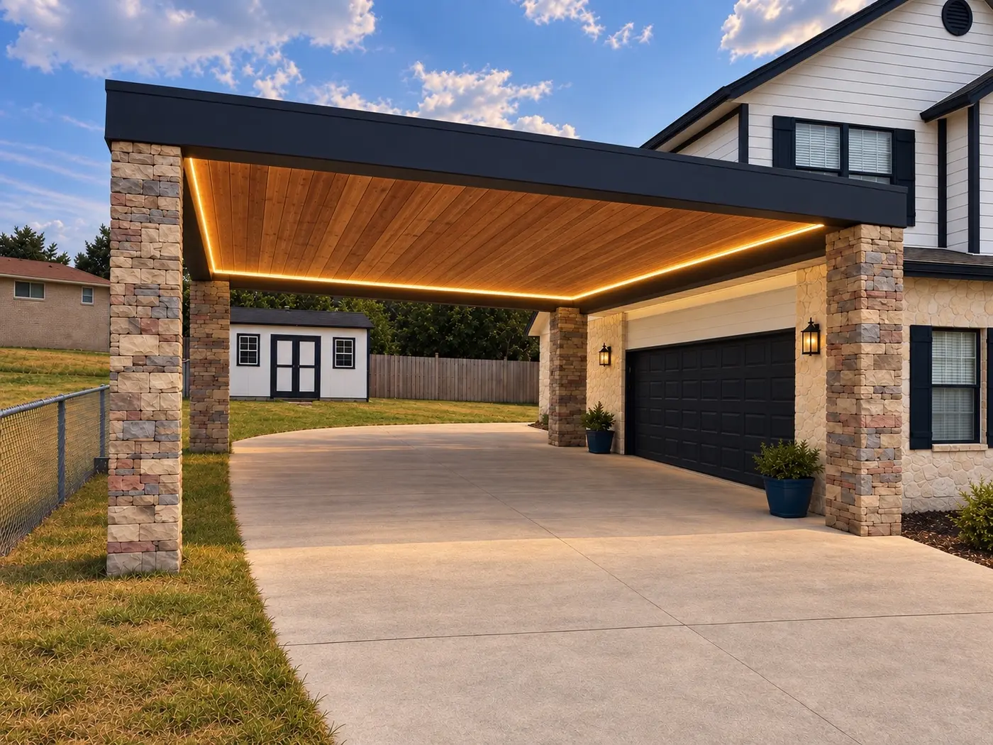 Carport with stone columns and wood ceiling