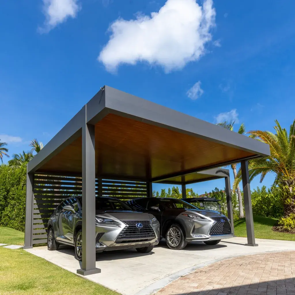 Two-car carport with louvered screen wall