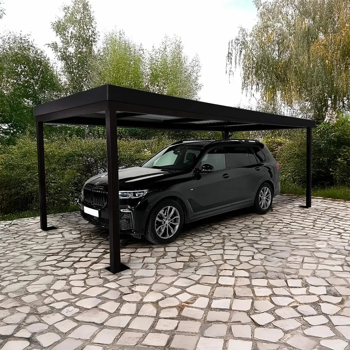 Black steel carport over a paved drive